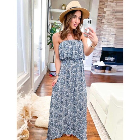 Boho Damask Tile Printed Ruffle Strapless Flowy Long Summer Maxi Dress - Picture 1 of 7